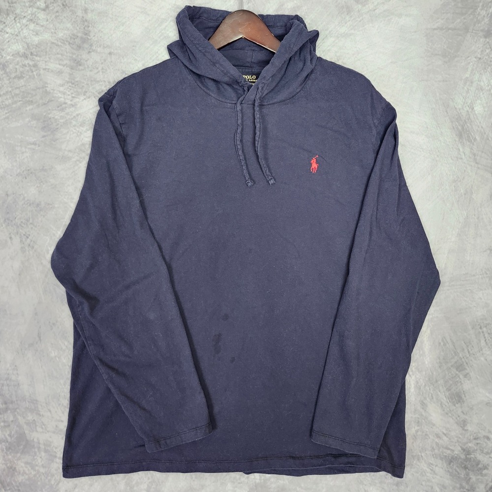 Polo Ralph Lauren Hooded Long Sleeve Tee Mens XXL Navy Blue Red Pony
